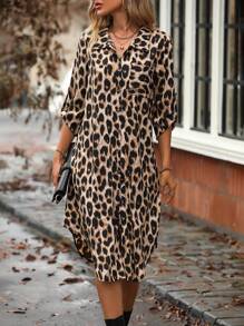 EMERY ROSE Leopard Print Roll Tab Sleeve Shirt Dress Maxi Women Outfit