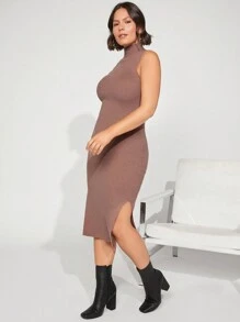 SHEIN BASICS Plus Mock Neck Split Thigh Sweater Dress - Khaki - View 7