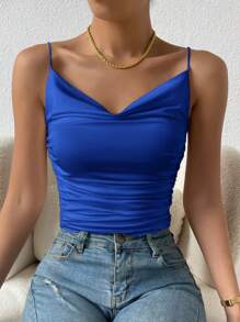 SHEIN BAE 前垂褶褶邊吊帶短上衣 - 寶藍色 - 查看 3