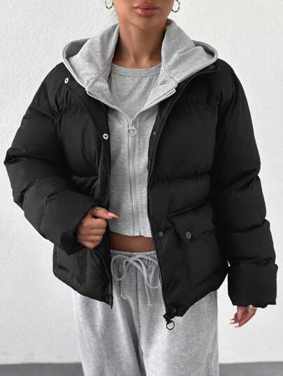 EURMUSE Zip Up Snap Button Hooded 2 In 1 Puffer Coat