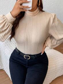 SHEIN Frenchy Plus Solid Lantern Sleeve Ribbed Tee - Apricot - View 1