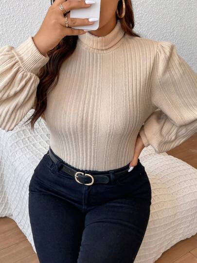 SHEIN Frenchy Plus Solid Lantern Sleeve Ribbed Tee