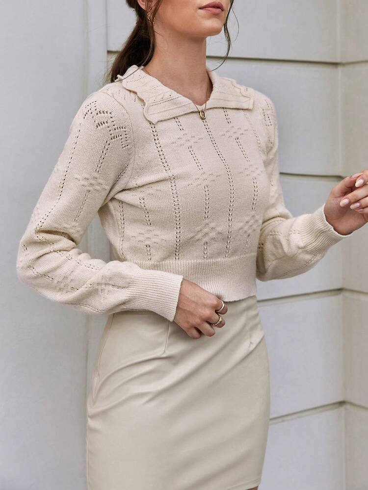 Solid Pointelle Knit Pullover Fall Winter Sweater
