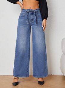 SHEIN Privé 闊腿腰帶牛仔褲 - 藍色 - 查看 3