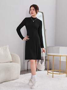 青少年女孩小高領紐扣細節洋裝 - 黑色 - 查看 4