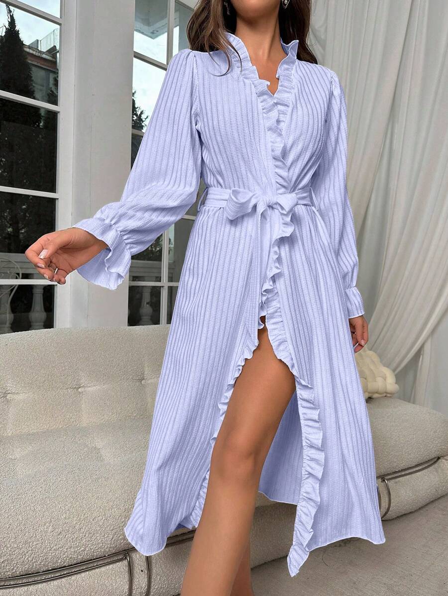 Ruffle Trim Flare Sleeve Belted Robe - Mauve Purple - View 1