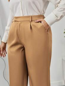 SHEIN Privé Hơn Chất rắn Túi nghiêng quần ống rộng Quần tây - Màu Khaki - Xem 4