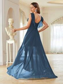 不对称褶饰雪纺优雅伴娘礼服 - 霧霾藍 - 查看 2