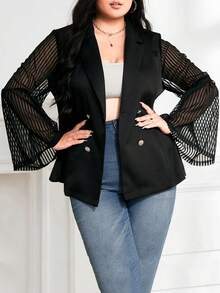 Celure 大碼網紗拼接喇叭袖雙排釦西裝外套 - 黑色 - 查看 3