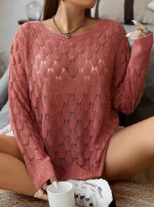 Flirla Plus Pointelle Knit Drop Shoulder Sweater - Redwood - View 1