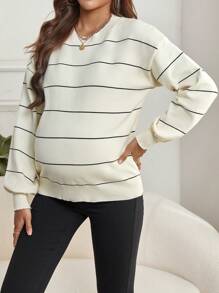 SHEIN 孕妇条纹落肩毛衣，适合冬季 - 米色 - 查看 5