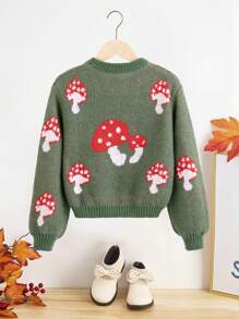 SHEIN Tween Girl Mushroom Pattern Lantern Sleeve Sweater - Green - View 2