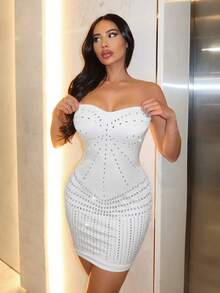 SHEIN SXY Rhinestone Chi tiết Đầm bó sát ống - trắng - Xem 5