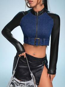 SHEIN ICON Top mezclilla crop de dos tonos de manga raglán con cremallera con cinturón - Azul - Ver 1