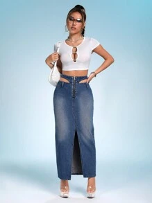 SHEIN ICON Cắt bỏ eo Tách đùi Váy Denim - Màu xanh lam - Xem 6