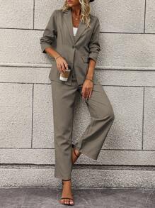 SHEIN Privé Áo blazer và quần vest trơn một nút - màu nâu - Xem 5