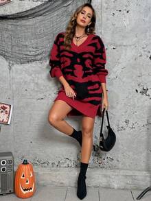 SHEIN LUNE Halloween Skeleton Pattern Drop Shoulder Split Hem Sweater Dress - Multicolor - View 6