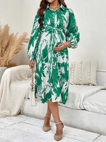 SHEIN Maternity Allover Print Belted Shirt Dress - Green - View 1