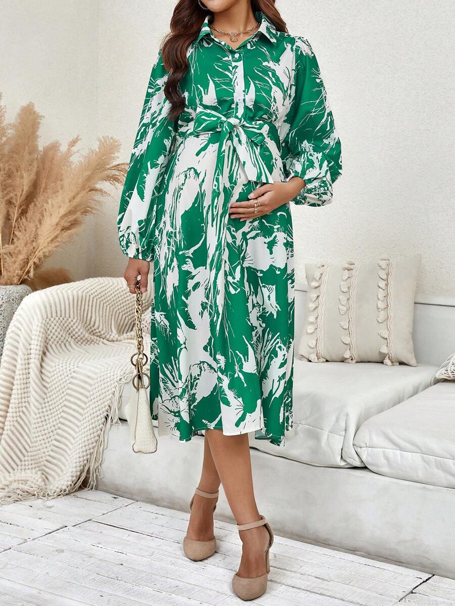 SHEIN Maternity Allover Print Belted Shirt Dress - Green - View 1