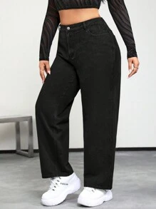 SHEIN ICON Plus Solid Straight Leg Jeans - Black - View 4