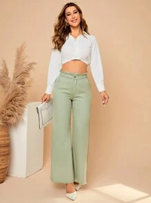 SHEIN Privé 高腰闊腿牛仔褲 - 軍綠色 - 查看 6