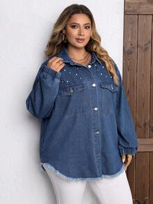 SHEIN LUNE Plus Pearls Beaded Drop Shoulder Raw Cut Denim Jacket - Blue - View 5