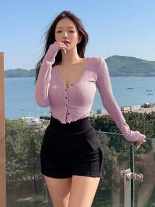 DAZY 實色鈕扣前短袖t恤 - 藕粉色 - 查看 9