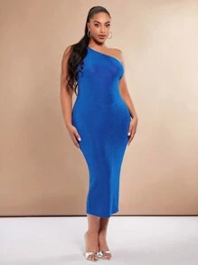 SHEIN BAE Plus One Shoulder Backless Bodycon Dress - Blue - View 2