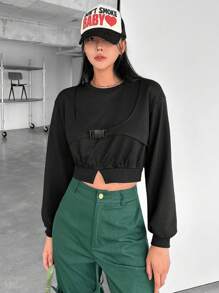 SHEINNeu 推扣細節落肩袖二合一運動衫 - 黑色 - 查看 6