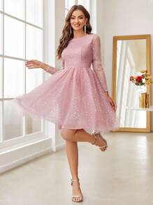SHEIN Belle Rhinestone Mesh Formal Dress - Pink - View 6