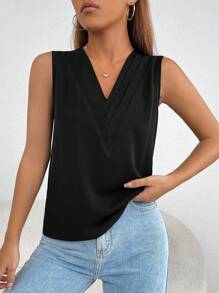 SHEIN PETITE 純色 V 領無袖襯衫 - 黑色 - 查看 6