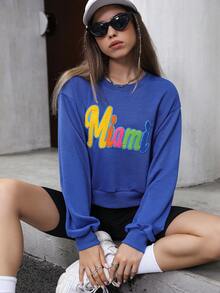 SHEIN Unity 女式休闲蓝色字母植绒落肩短款运动衫，秋季 - 藍色 - 查看 3