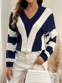 SHEIN LUNE Khối màu Thả vai Dệt kim chấm bi Áo len - Màu xanh lam - Xem 4