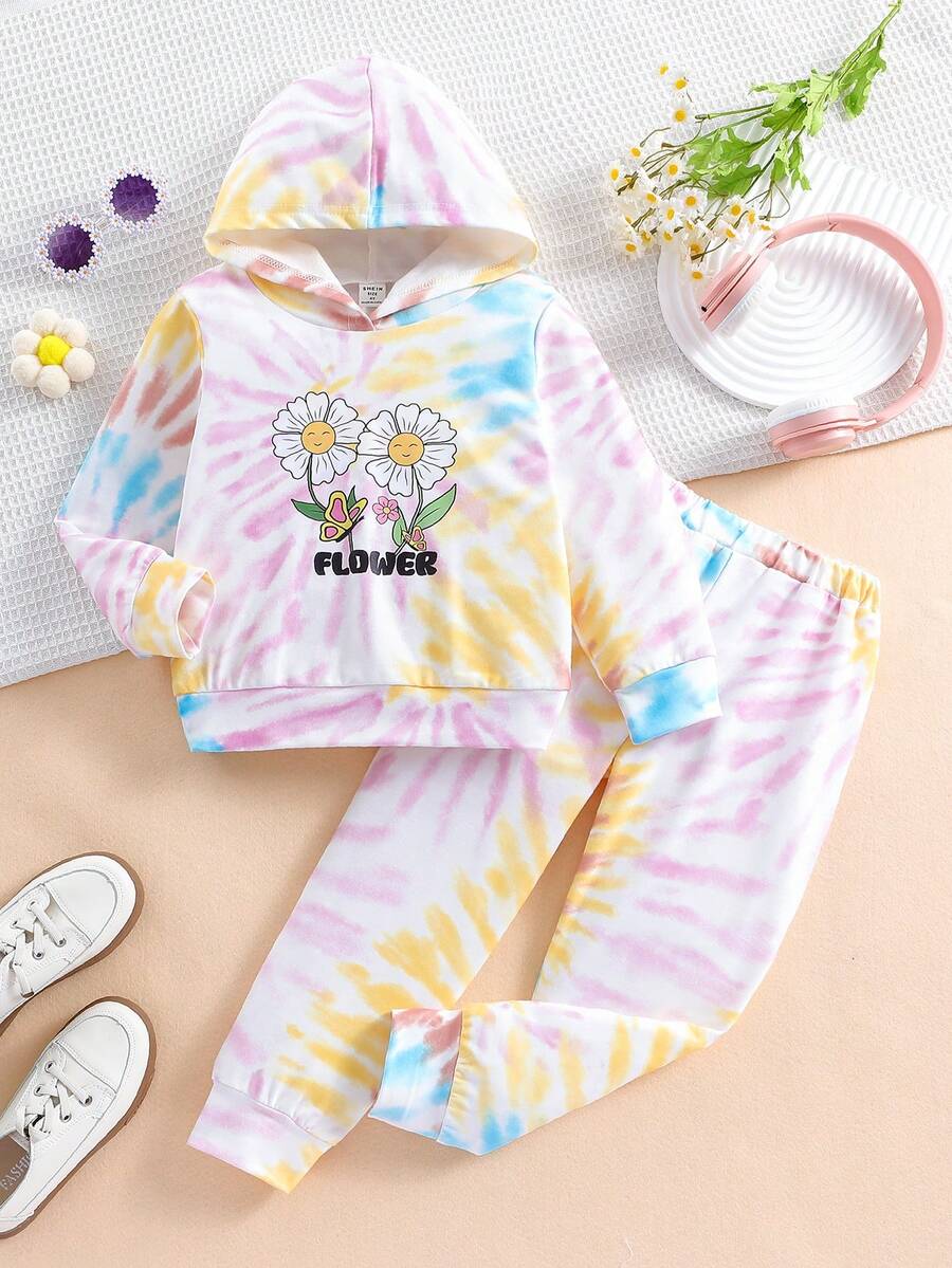 SHEIN 女小童兒童秋冬新款紮染雛菊花朵圖案圖案連帽衛衣和長褲套裝在黃色,粉色和藍色-適用於可愛,休閒,時髦戶外運動和運動,帶長袖和彈性袖口 - 黃色 - 查看 1