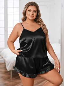 LuxeNights 加缎吊带背心和荷叶边短裤睡衣套装/睡衣套装 - 黑色 - 查看 4