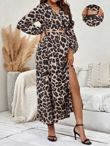 SHEIN Thai sản In hoa Báo Tay áo lồng đèn Top Cây trồng & Vòng eo có thể điều chỉnh Tách đùi Váy - Màu Khaki - Xem 2