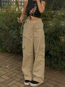 Pantalones unicolor con bolsillo lateral con solapa - Caqui - Ver 4