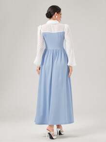 Modelyn Colorblock Long Lantern Sleeve 2 In 1 Modest Dress - Blue and White - View 2