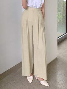 DAZY Solid Plicated Detail Wide Leg Pants - Apricot - View 6