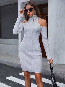 SHEIN Unity Áo cao cổ Vai lạnh Váy len bó sát - Xám - Xem 5