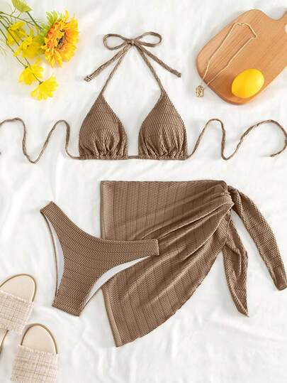 Swim Mod 夏季海灘純色騎士三角胸罩和游泳下著比基尼套裝，配海灘罩裙泳衣