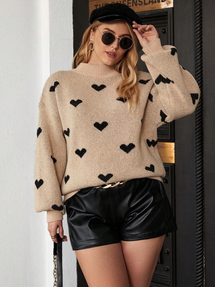 Plus Heart Pattern Drop Shoulder Sweater, Winter Knit Pullover Fall Autumn