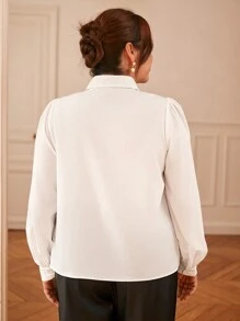 SHEIN Frenchy 大碼前繫帶燈籠袖襯衫 - 白色 - 查看 7