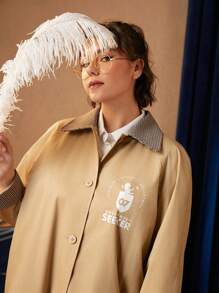HARRY POTTER X SHEIN Hơn Đồ họa Chữ cái Cổ áo tương phản áo - Màu Khaki - Xem 3