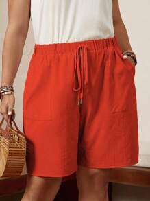 SHEIN LUNE Plus Solid Knot Waist Slant Pocket Shorts - Burnt Orange - View 3