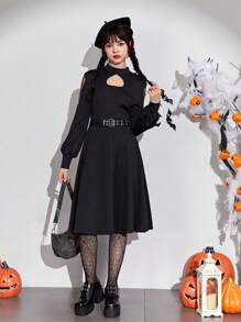 Teen Girl Cut Out Cold Shoulder Dress Without Belt - Black - View 1