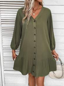SHEIN LUNE Vestido smock unicolor con botón delantero bajo con fruncido - Verde militar - Ver 4