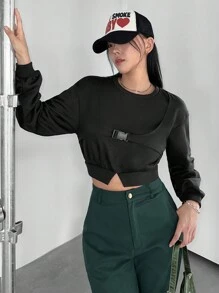 SHEINNeu 推扣細節落肩袖二合一運動衫 - 黑色 - 查看 3