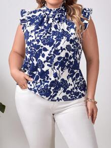 SHEIN VCAY Plus Floral Print Ruffle Trim Mock Neck Summer Boho Blouse - Navy Blue - View 3