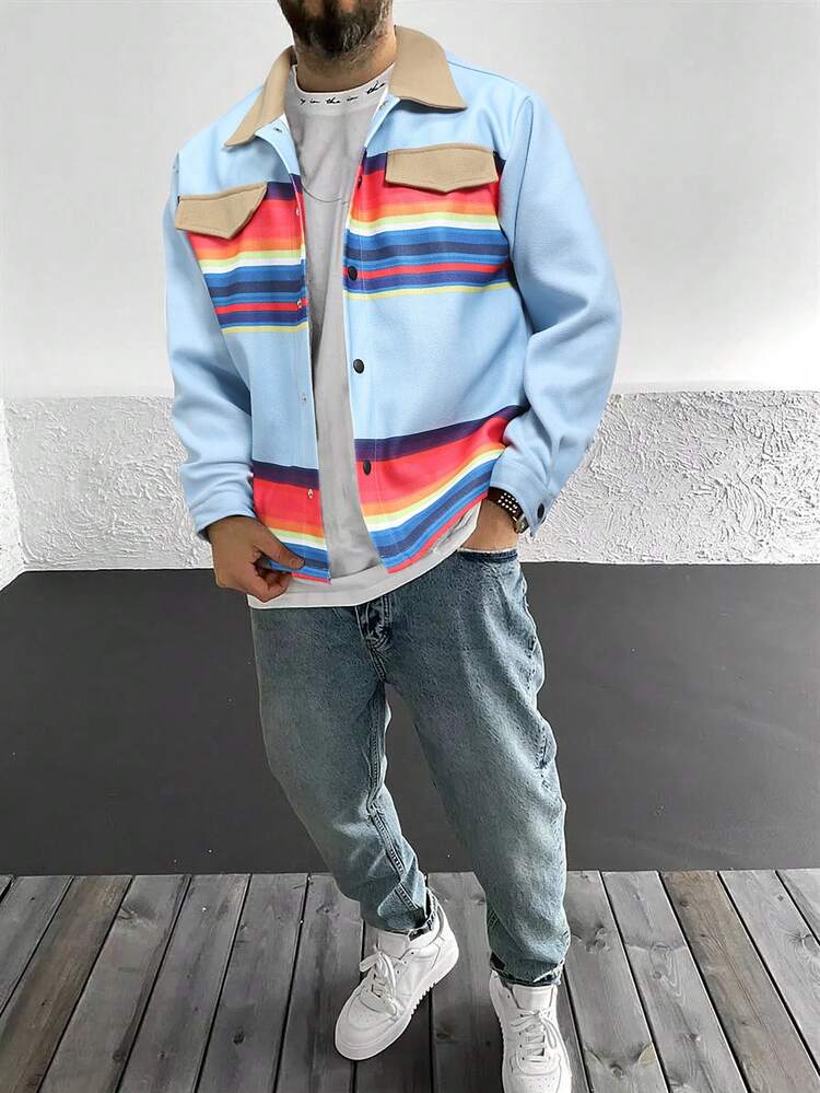 Men's Striped Print Loose Overcoat With Flap Detail